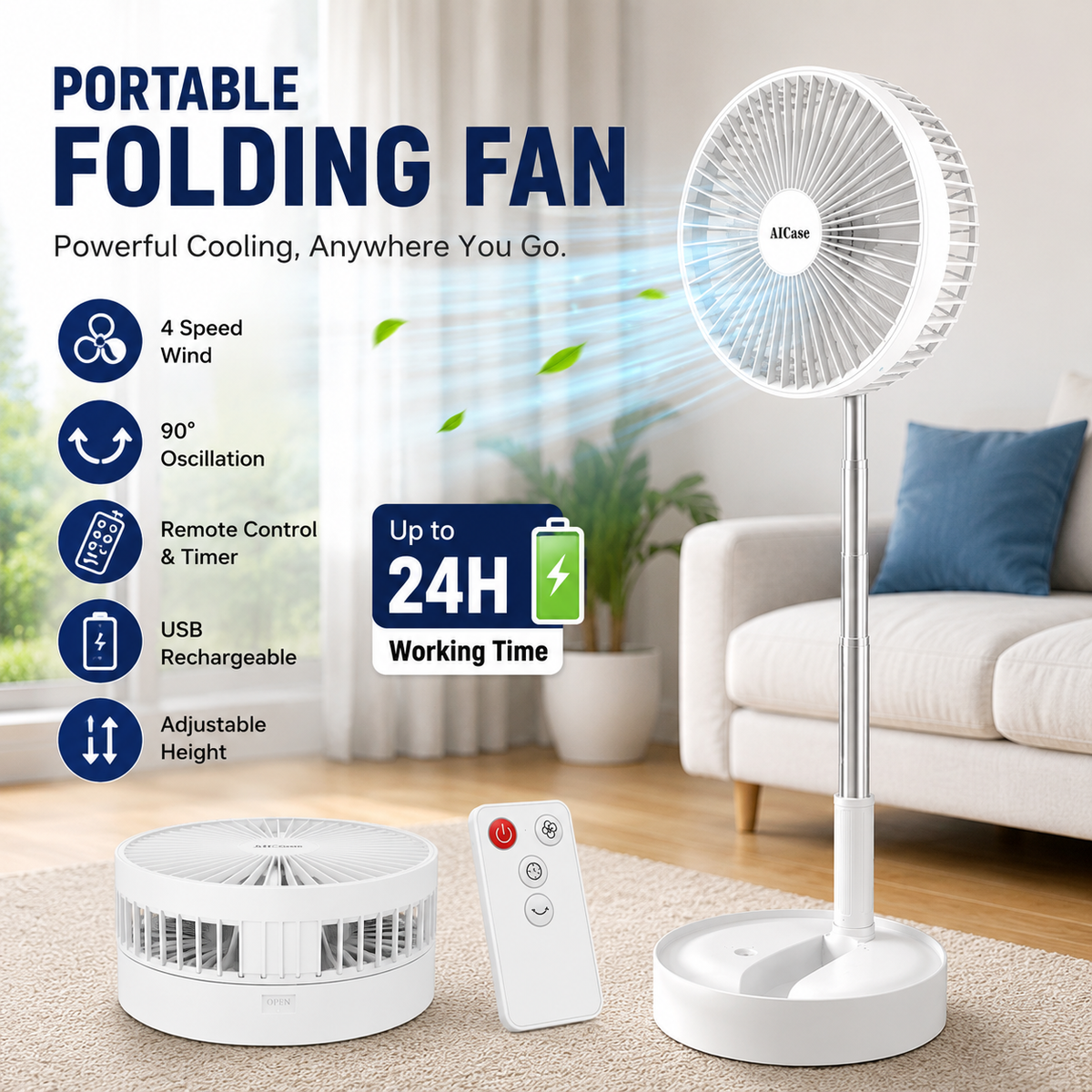 Folding Portable Retractable Floor Fan USB With Remote