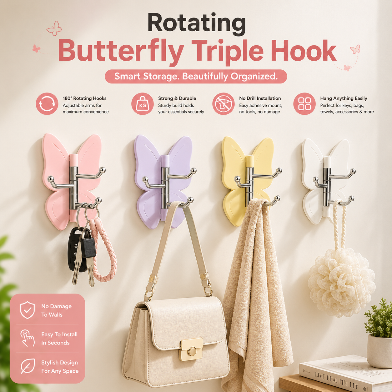 Rotating Butterfly Triple Hook (Pack of 5)