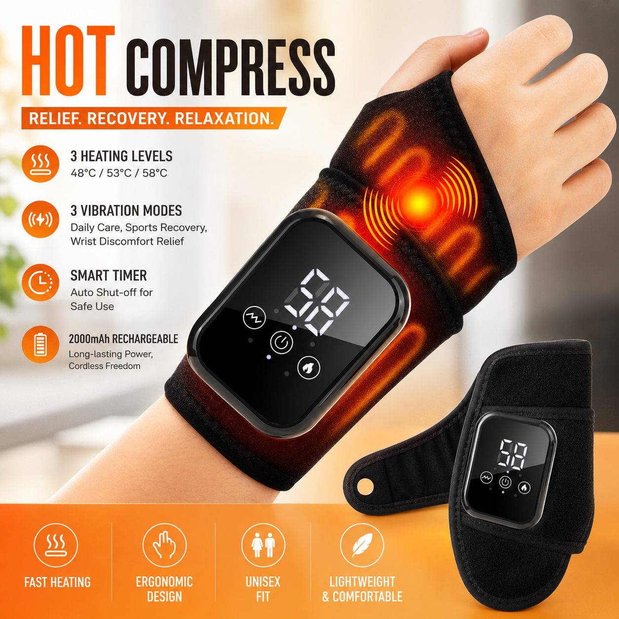 Rechargeable Heating Wrist Massager for Pain Relief
