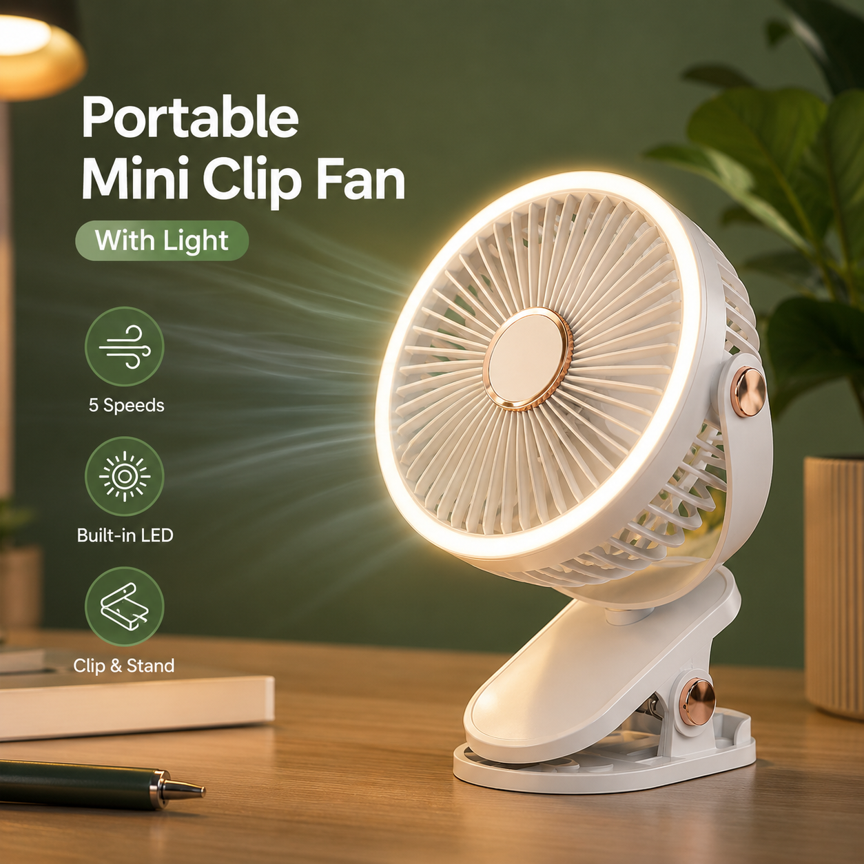 Wireless Portable Mini Clip Fan With Light