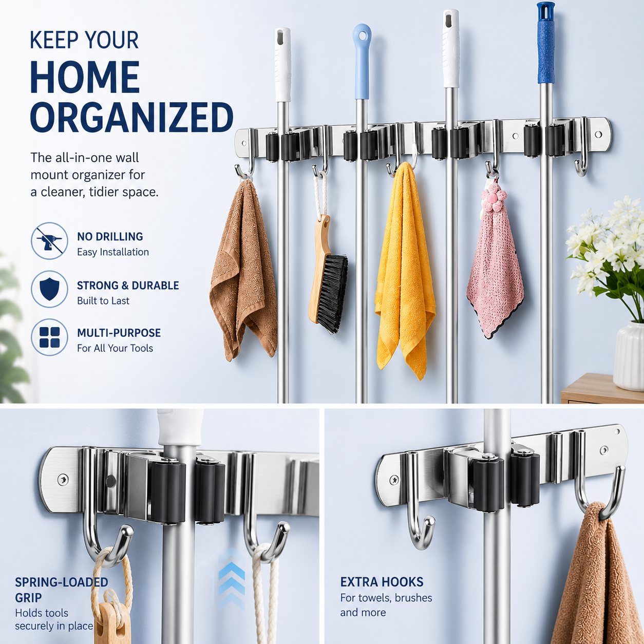 Wall Mounted Stainless Steel Mop Broom Holder