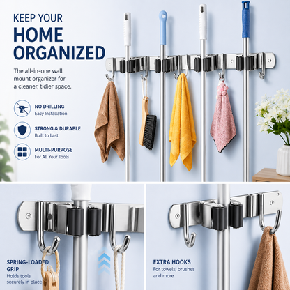 Wall Mounted Stainless Steel Mop Broom Holder