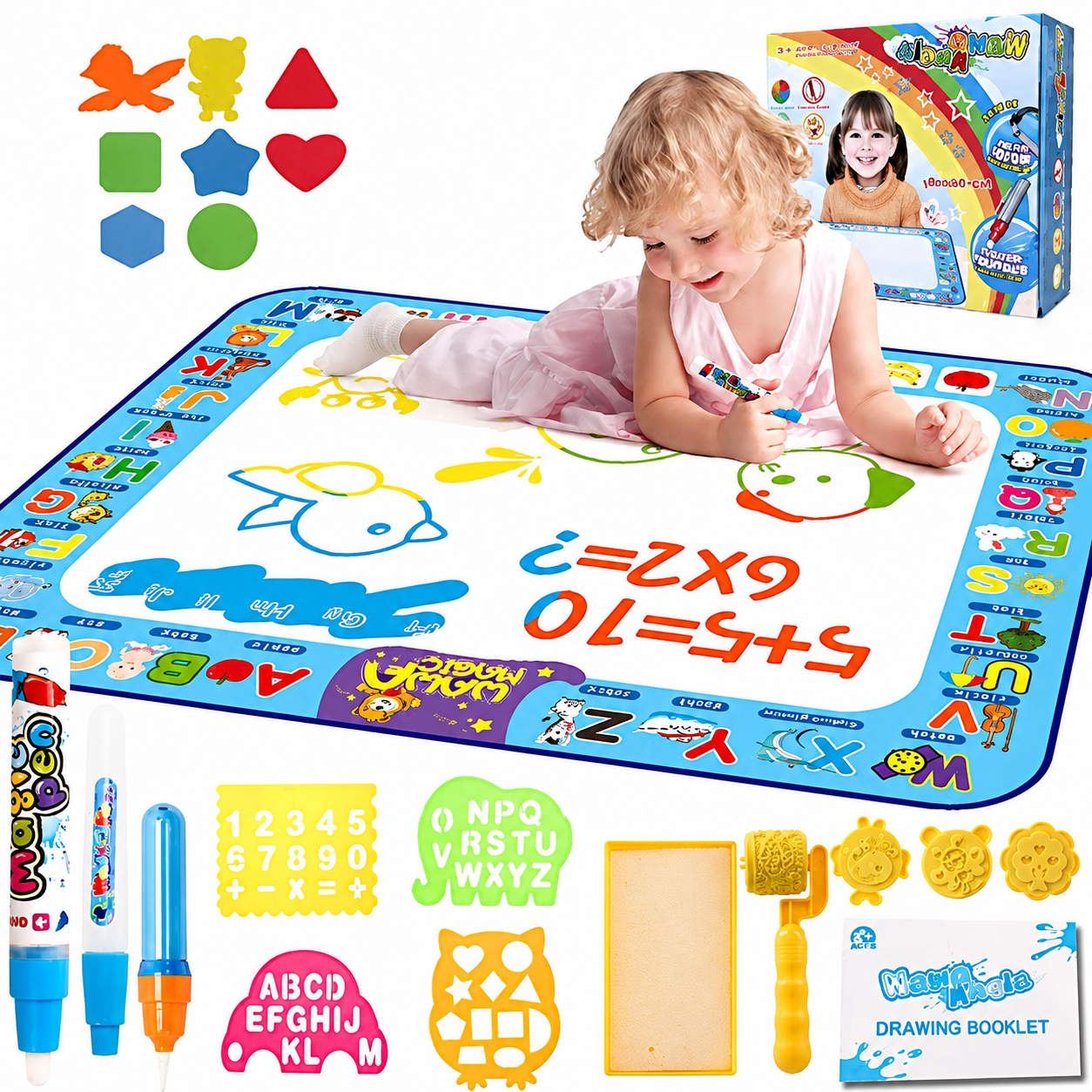 Magic Water Drawing Mat For Kids (Free Stencils & Roller)