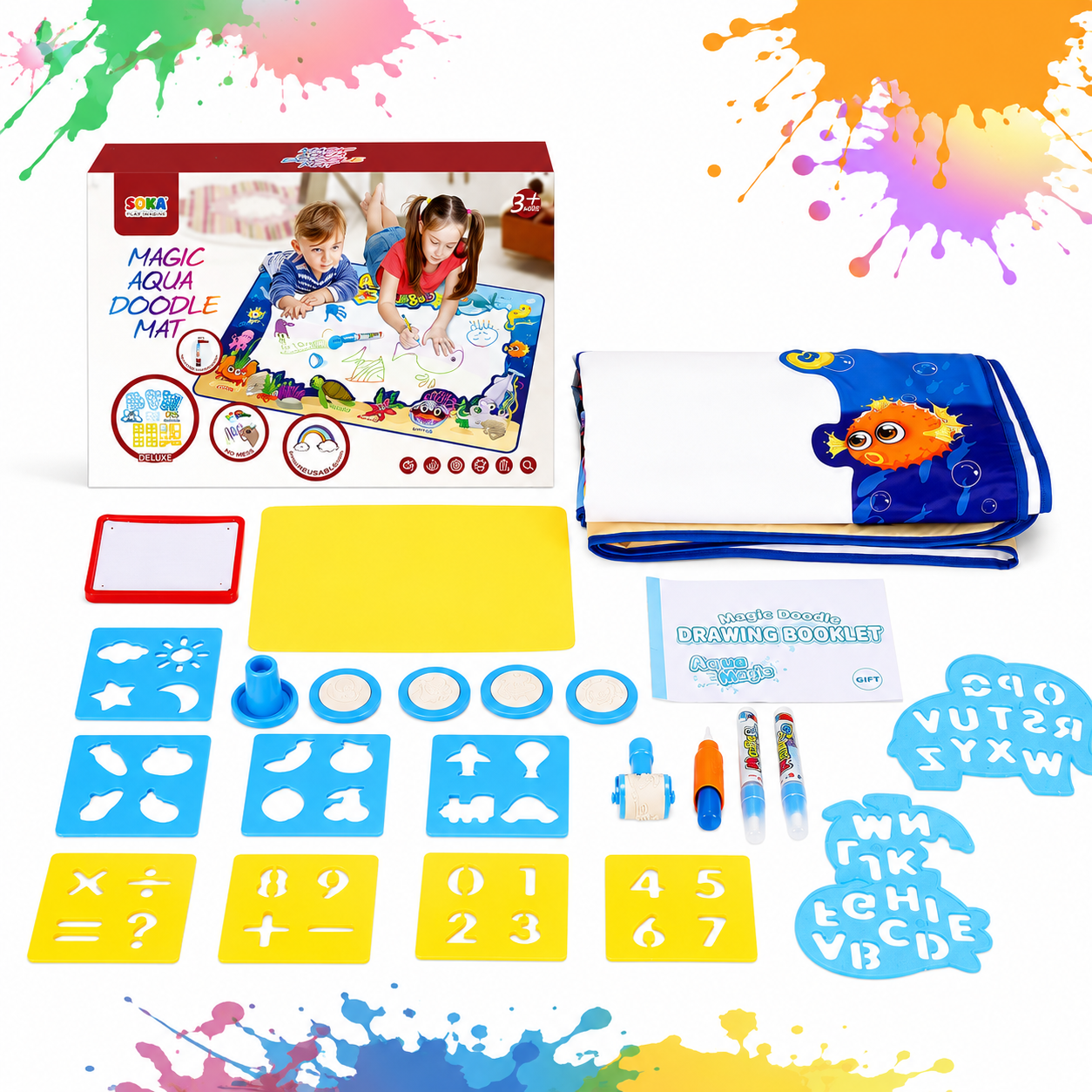 Magic Water Drawing Mat For Kids (Free Stencils & Roller)
