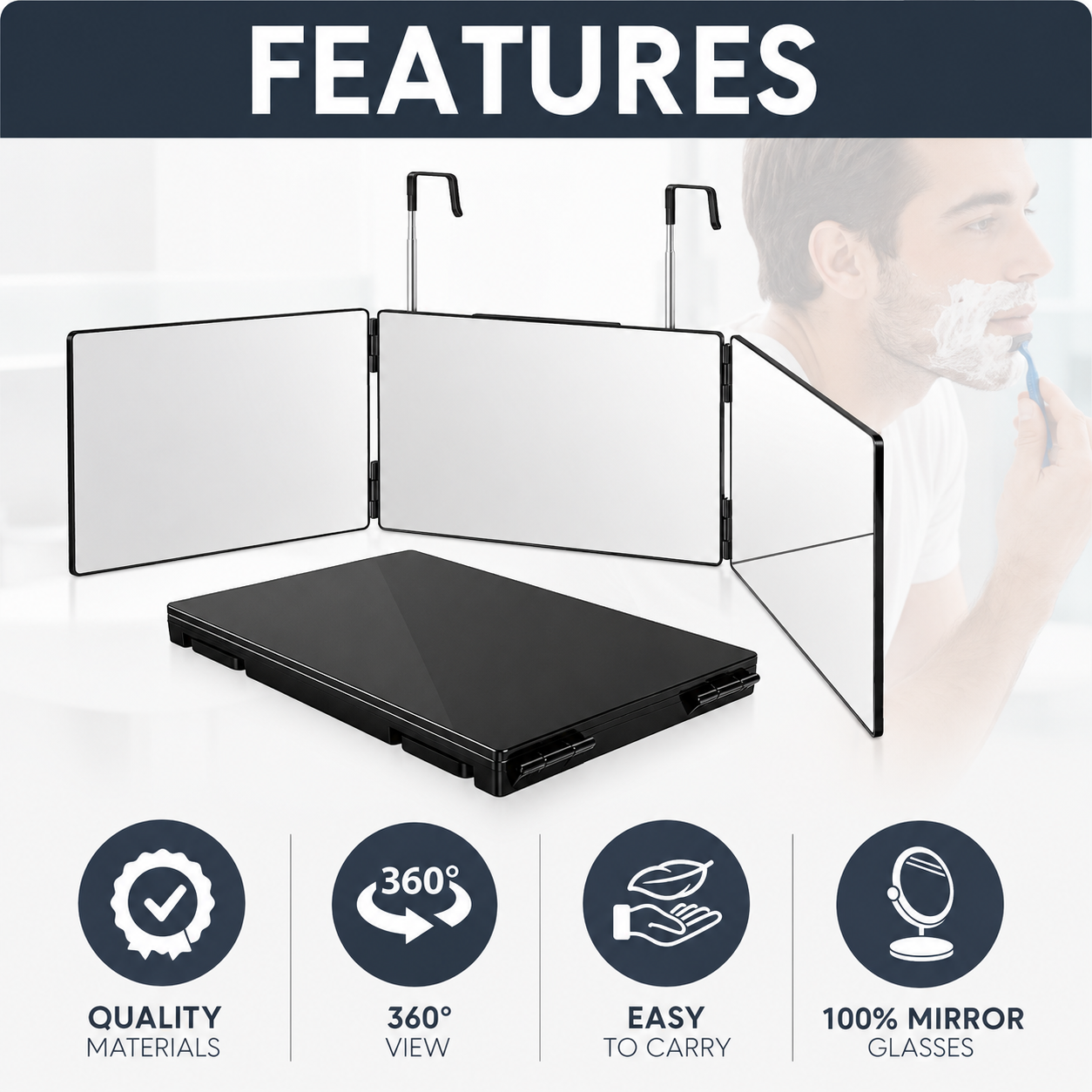 Trifold Adjustable Hanging Mirror With LED Light