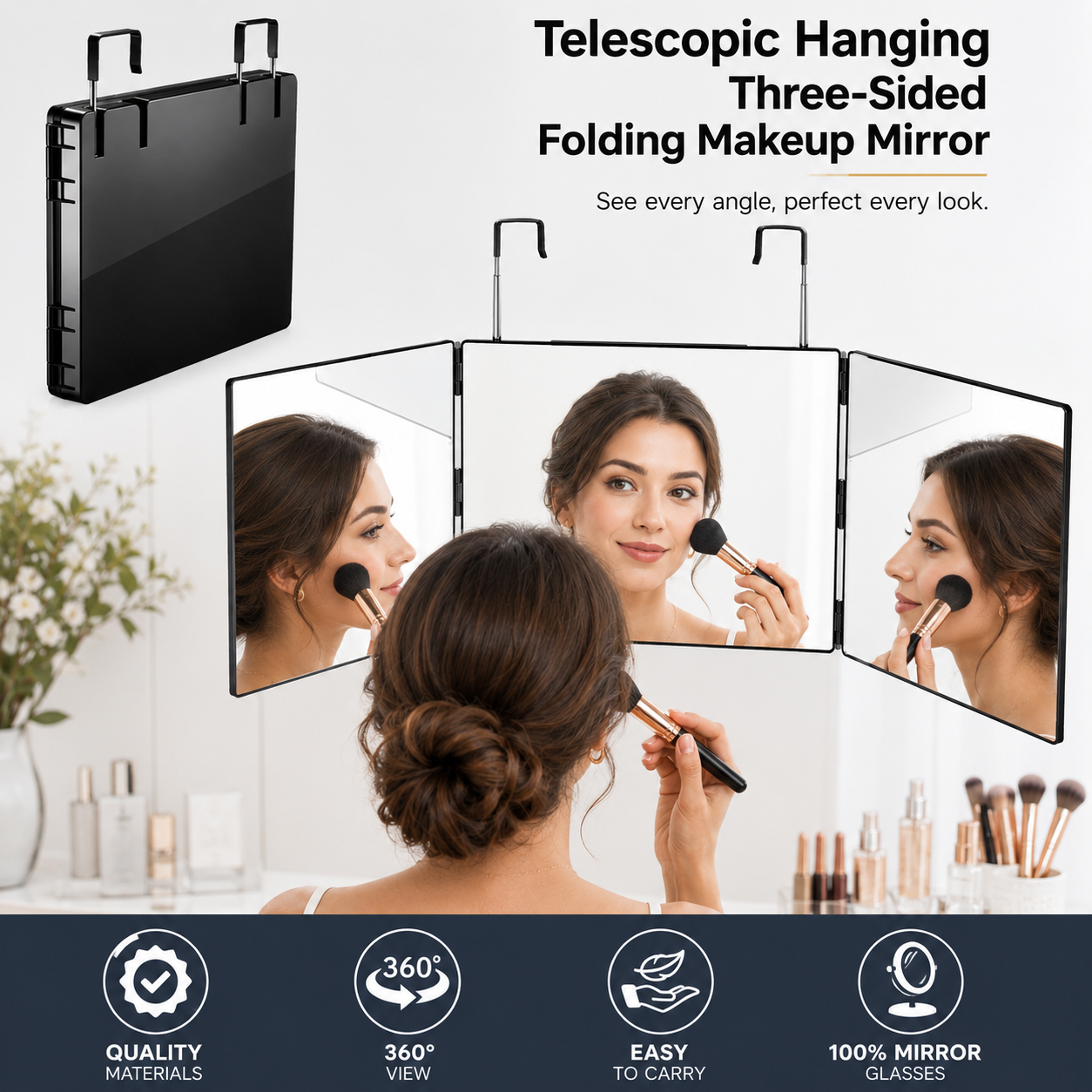 Trifold Adjustable Hanging Mirror With LED Light