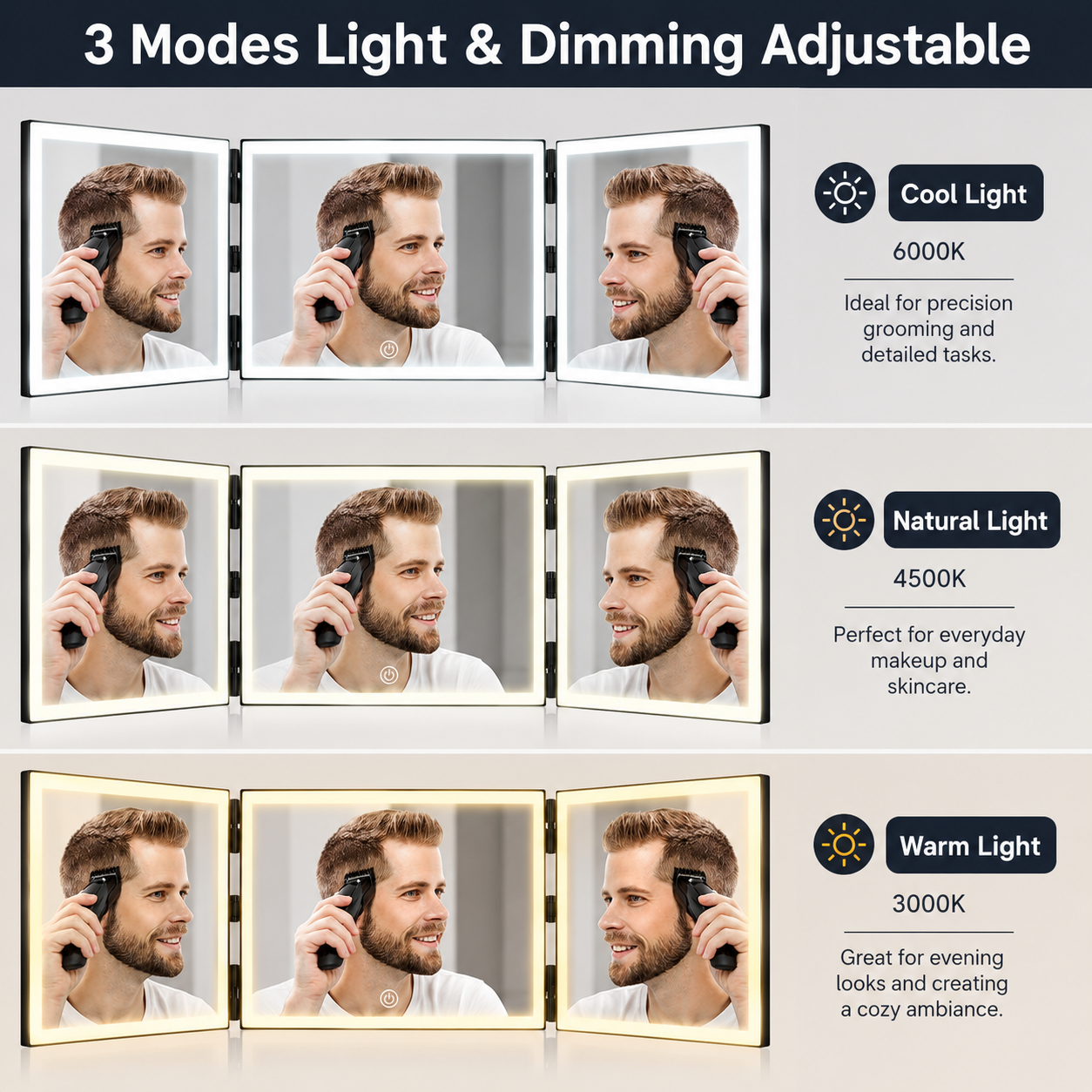 Trifold Adjustable Hanging Mirror With LED Light