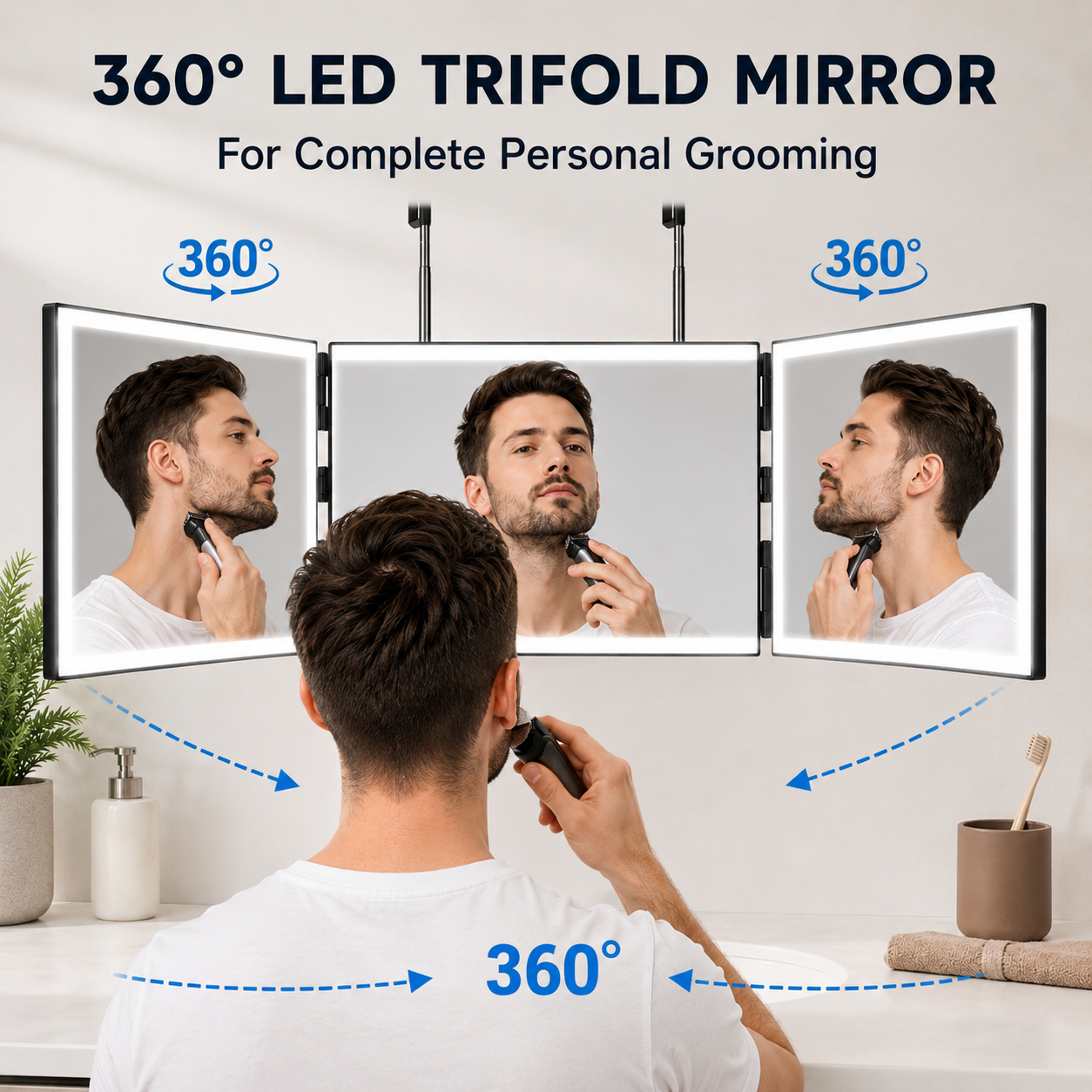 Trifold Adjustable Hanging Mirror With LED Light