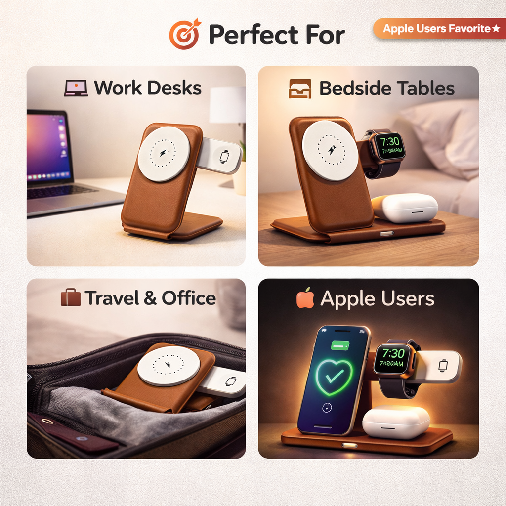 3 In 1 Foldable Magnetic Wireless Charger With Premium Leather
