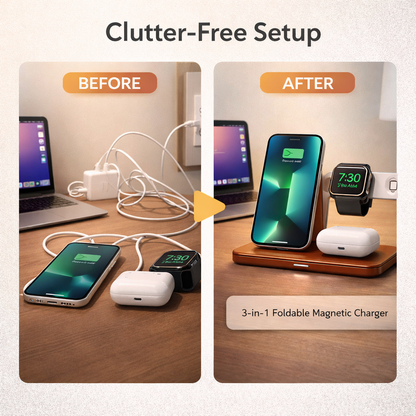 3 In 1 Foldable Magnetic Wireless Charger With Premium Leather