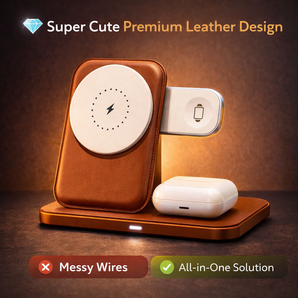 3 In 1 Foldable Magnetic Wireless Charger With Premium Leather