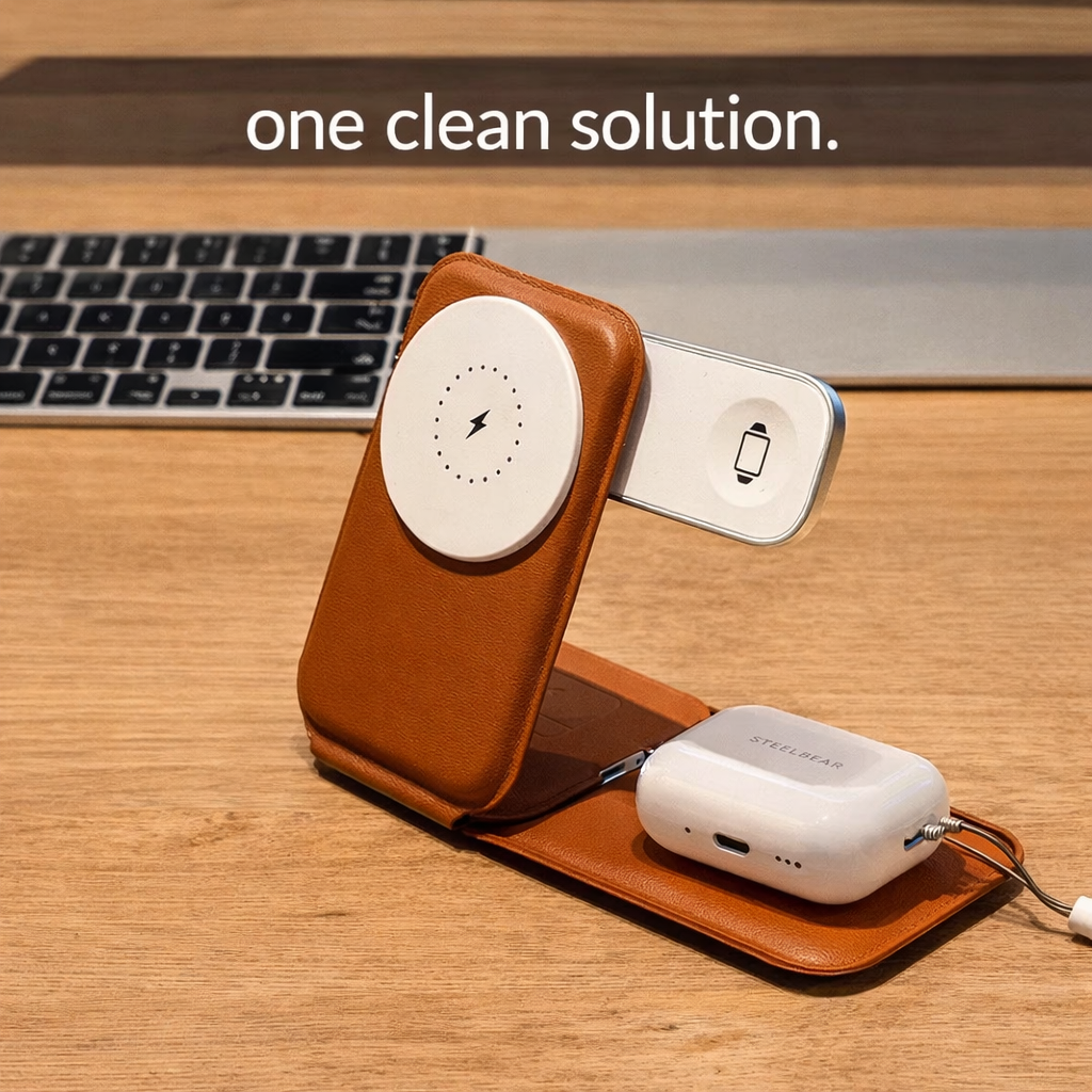 3 In 1 Foldable Magnetic Wireless Charger With Premium Leather