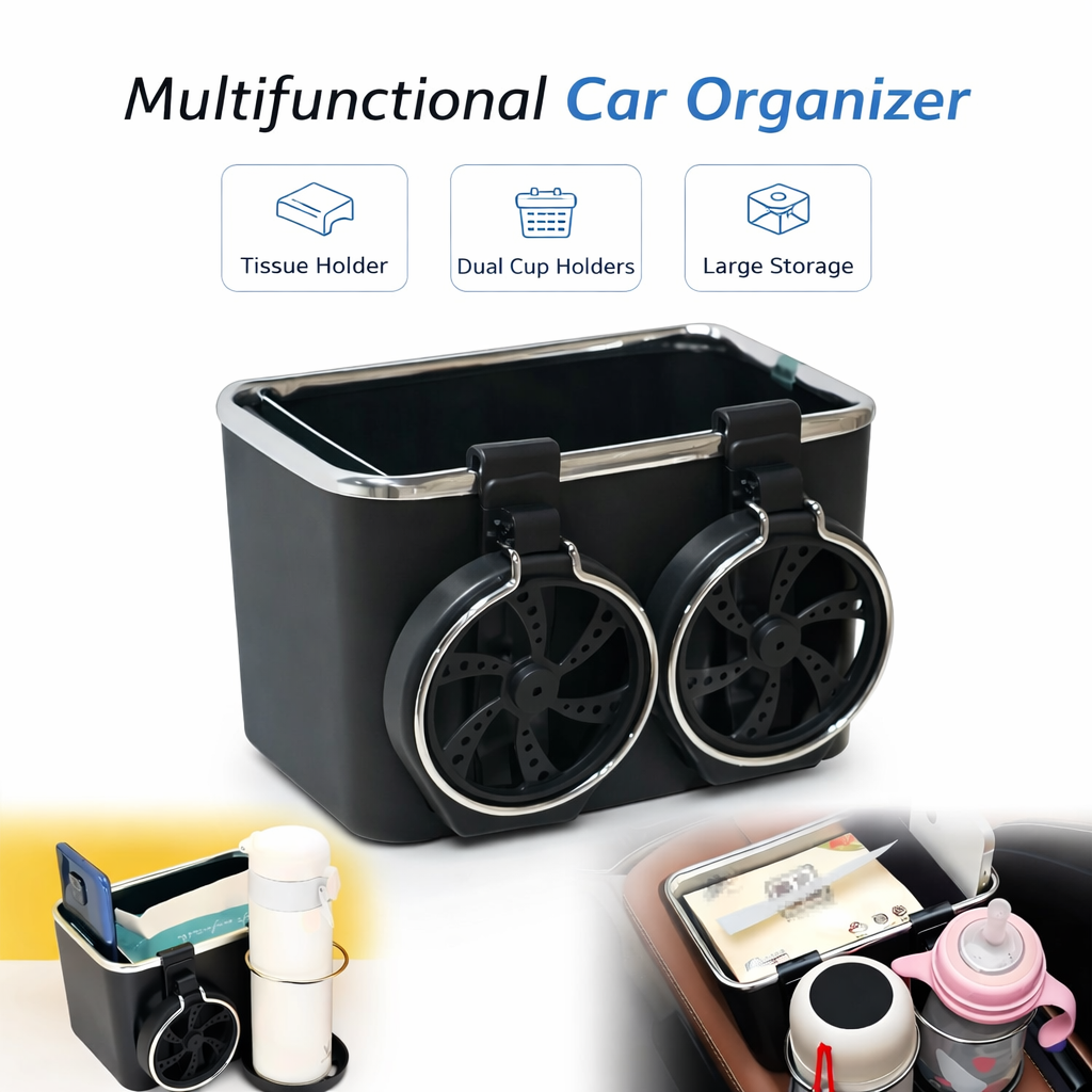 Car Storage Box with 2 Foldable Cup Holders