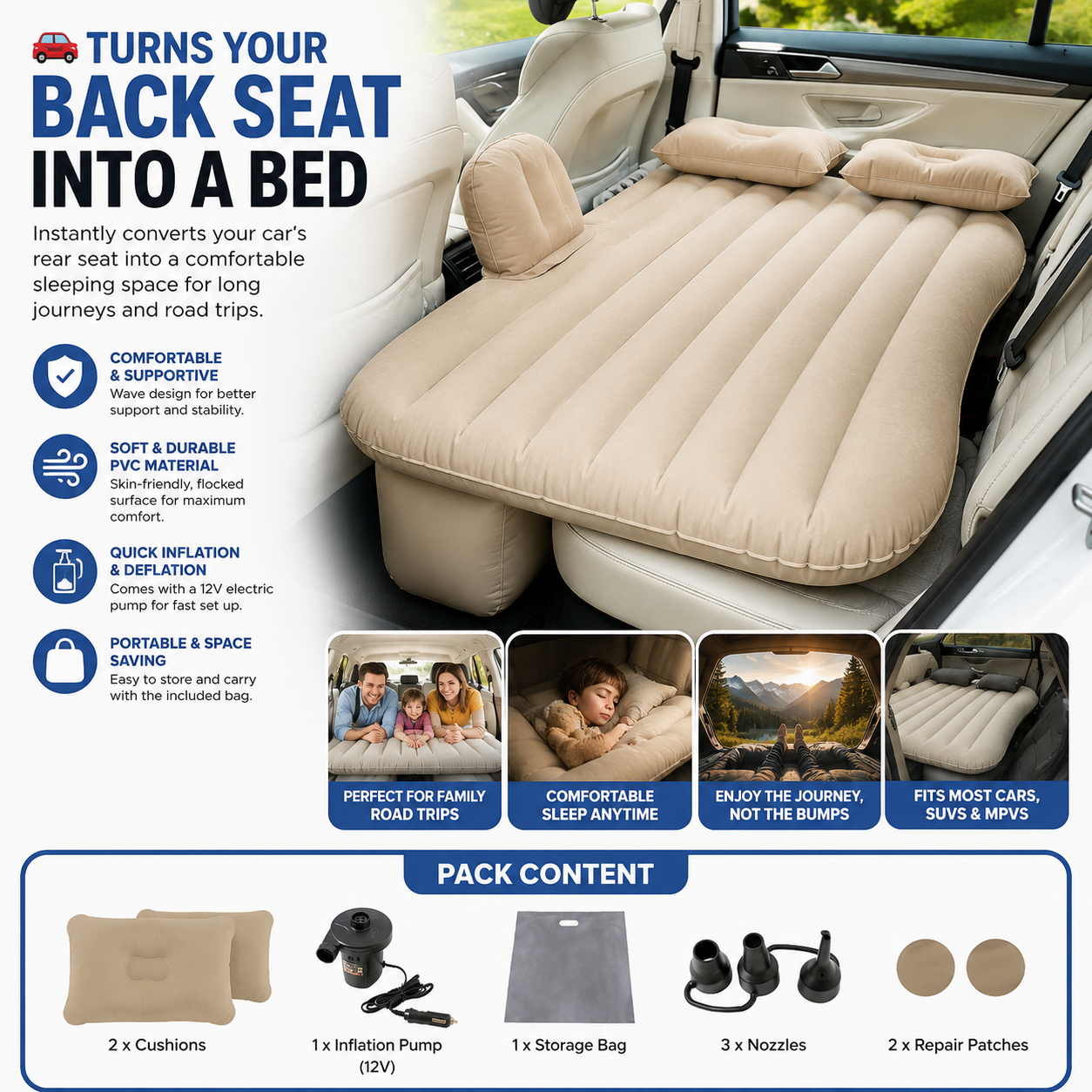 Portable Car Backseat Inflatable Air Mattress Bed with 2 Pillows