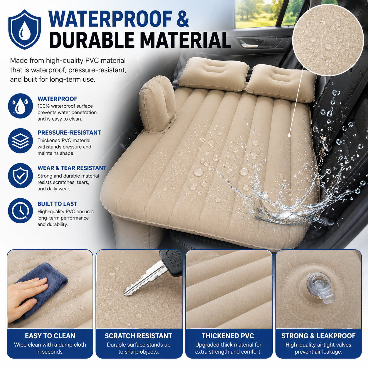 Portable Car Backseat Inflatable Air Mattress Bed with 2 Pillows