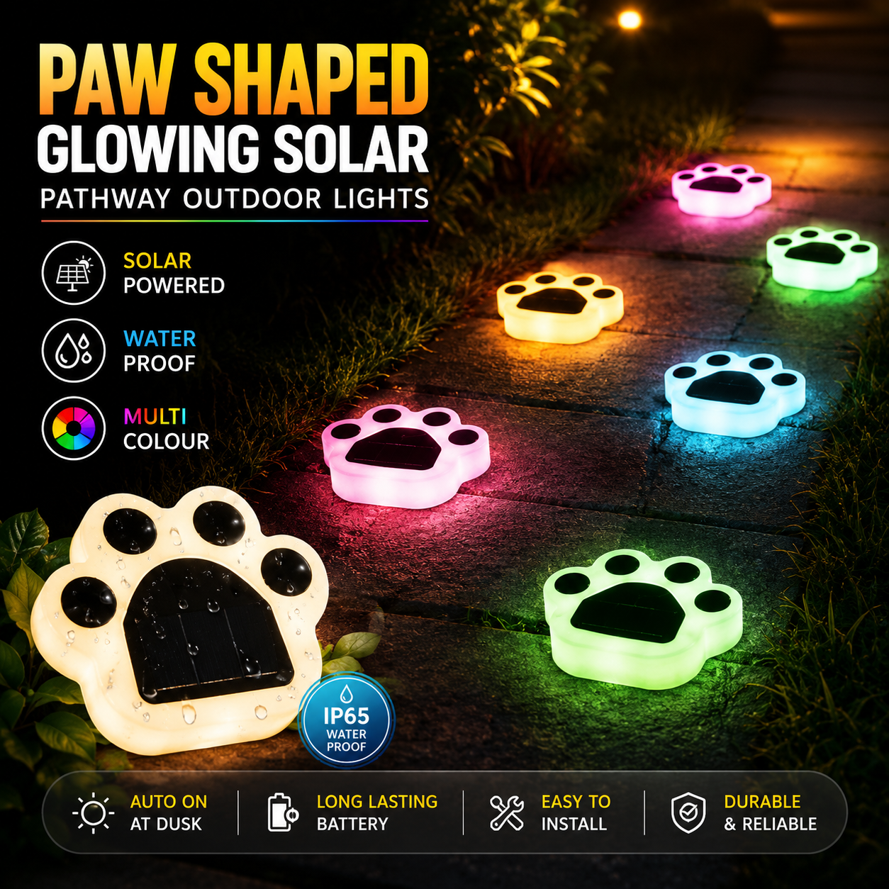 Paw Shaped Glowing Solar Outdoor Lights (Pack Of 6)