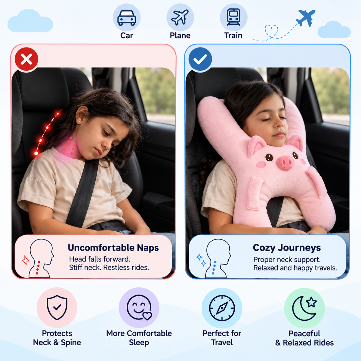 Kids H-Shaped Car Travel Pillow