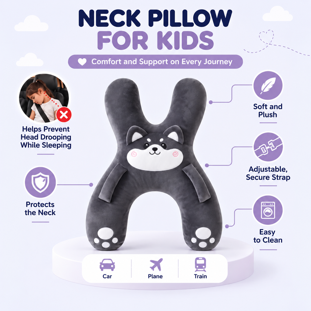 Kids H-Shaped Car Travel Pillow
