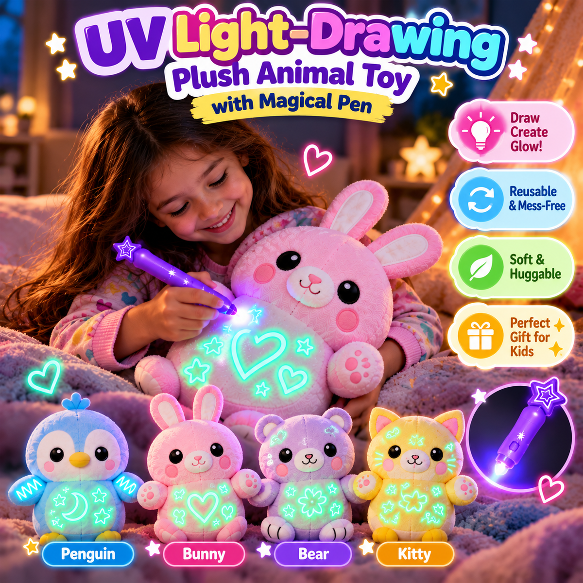 UV Light-Drawing Plush Animal Toy with Magical Pen