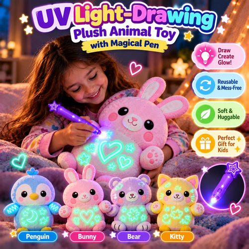 UV Light-Drawing Plush Animal Toy with Magical Pen