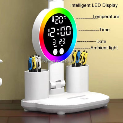 Rechargeable LED Desk Lamp With Digital Clock & Fan ( Pen Holder)