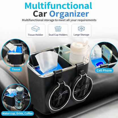 Car Storage Box with 2 Foldable Cup Holders