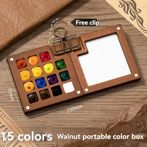Mini Wooden Water-Colour Paint Palette (15-Grid with clip)