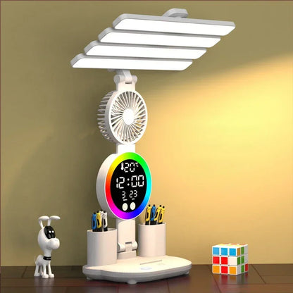 Rechargeable LED Desk Lamp With Digital Clock & Fan ( Pen Holder)