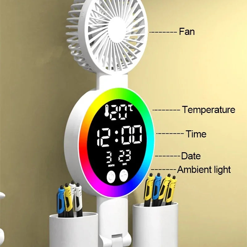 Rechargeable LED Desk Lamp With Digital Clock & Fan ( Pen Holder)