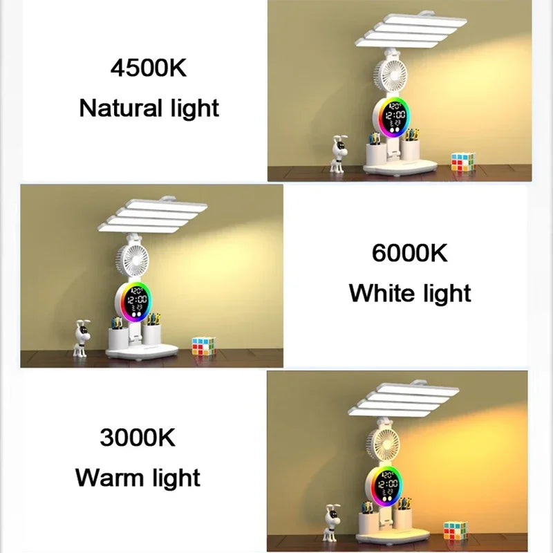 Rechargeable LED Desk Lamp With Digital Clock & Fan ( Pen Holder)