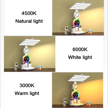 Rechargeable LED Desk Lamp With Digital Clock & Fan ( Pen Holder)