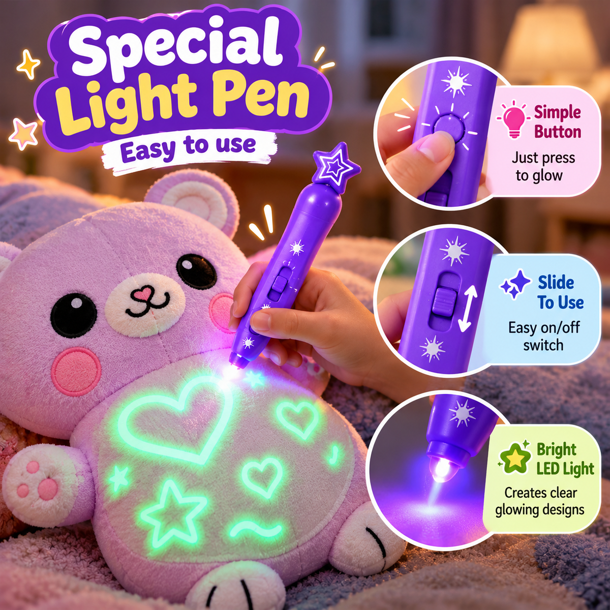 UV Light-Drawing Plush Animal Toy with Magical Pen