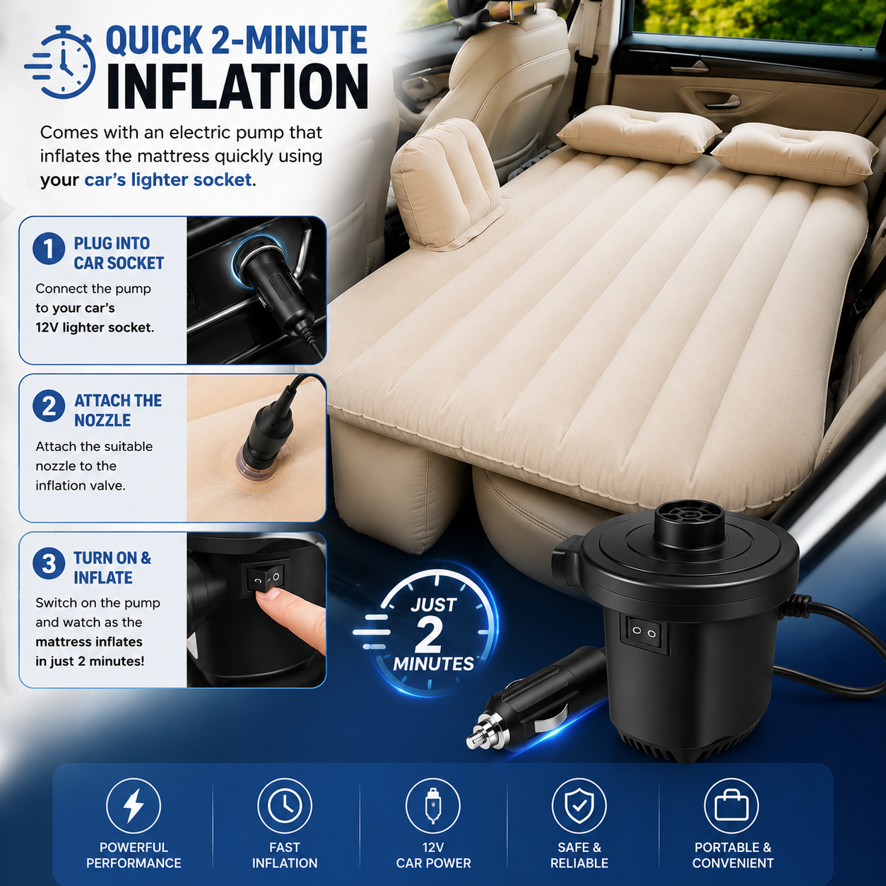 Portable Car Backseat Inflatable Air Mattress Bed with 2 Pillows
