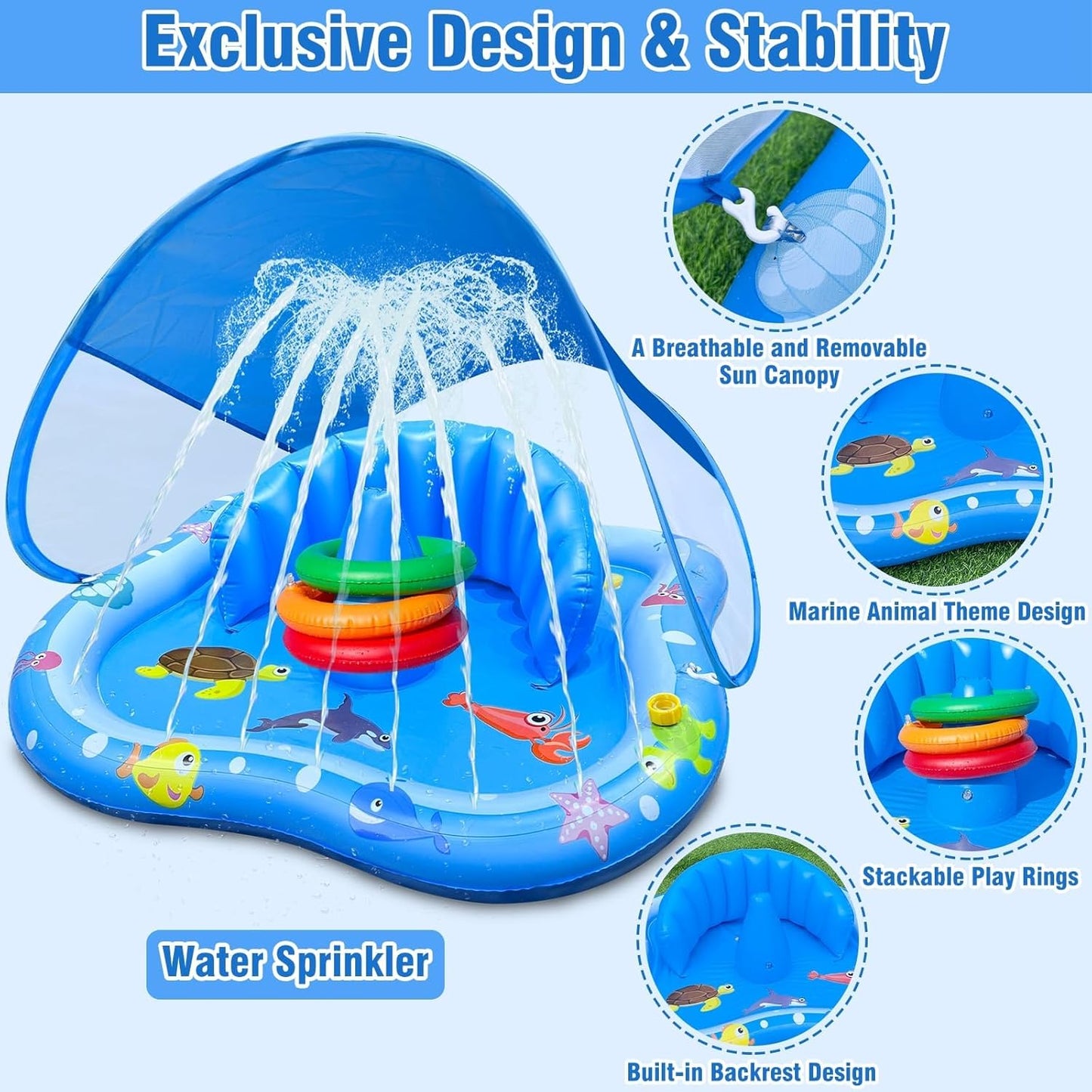 Inflatable Baby Pool With Canopy & Sprinkler