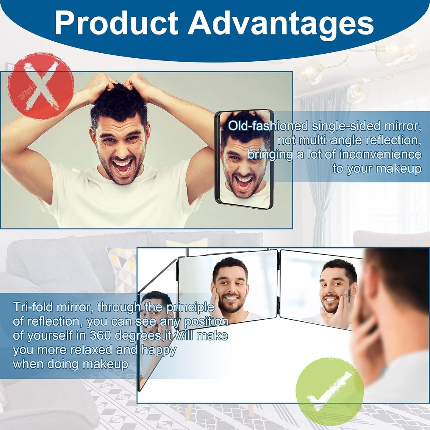Trifold Adjustable Hanging Mirror With LED Light