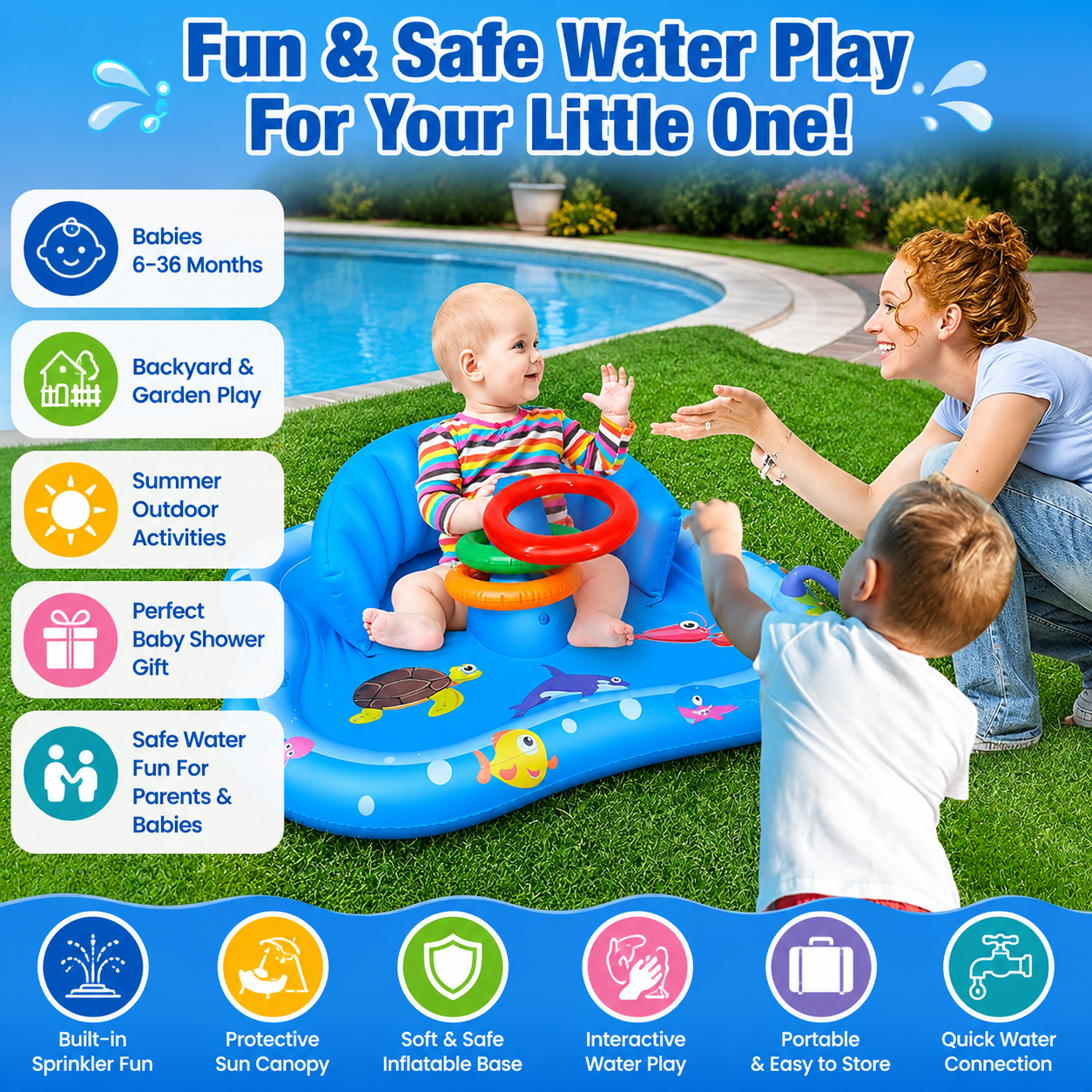 Inflatable Baby Pool With Canopy & Sprinkler