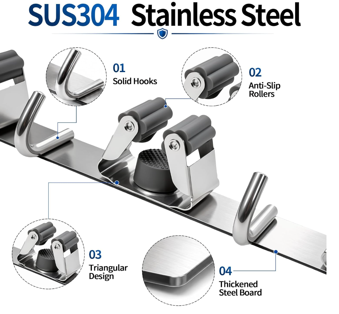 Wall Mounted Stainless Steel Mop Broom Holder (5 Clips and 6 Hooks)