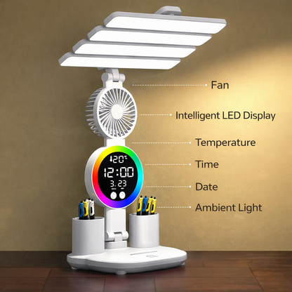 Rechargeable LED Desk Lamp With Digital Clock & Fan ( Pen Holder)