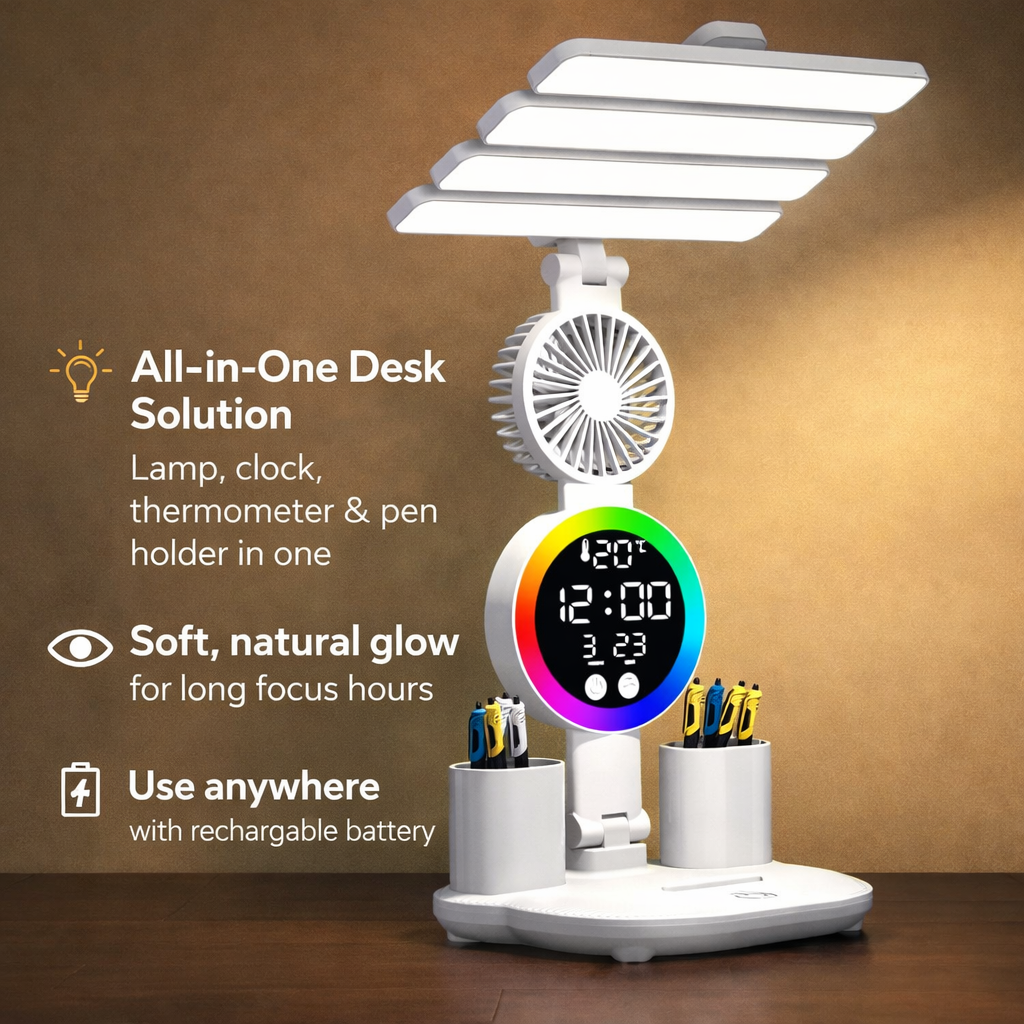 Rechargeable LED Desk Lamp With Digital Clock & Fan ( Pen Holder)