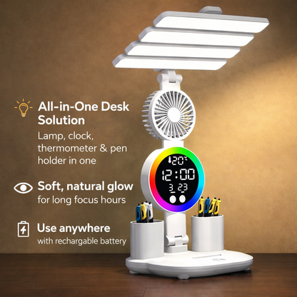 Rechargeable LED Desk Lamp With Digital Clock & Fan ( Pen Holder)