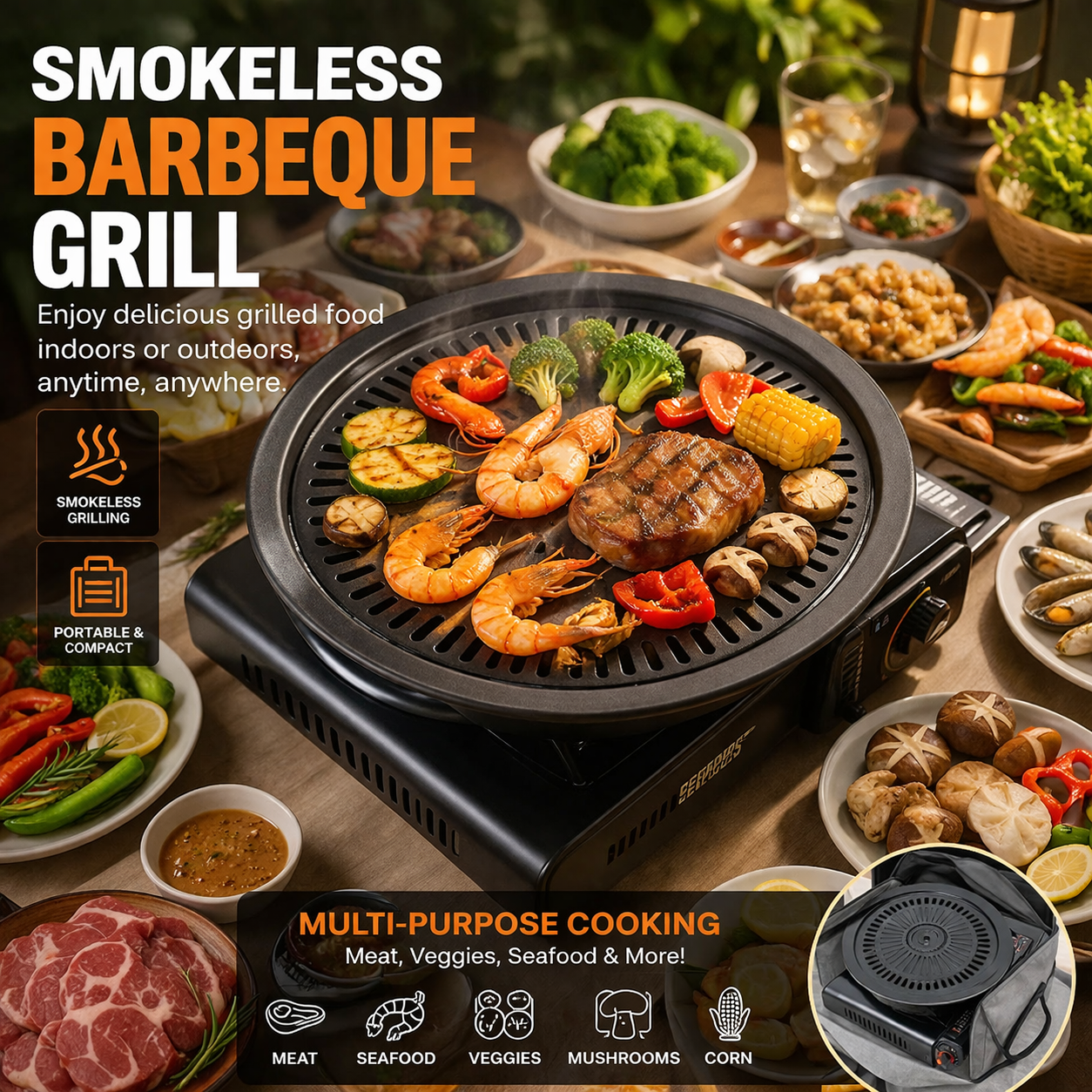 Smokeless Portable Indoor & Outdoor BBQ Tandoor (Non-Stick)