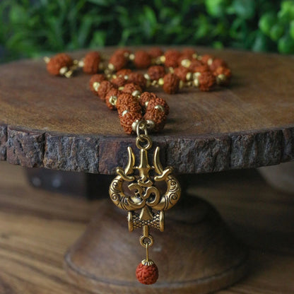 22Kt. Gold Plated OM Shiva Trishool Rudraksha Necklace 54 Beads