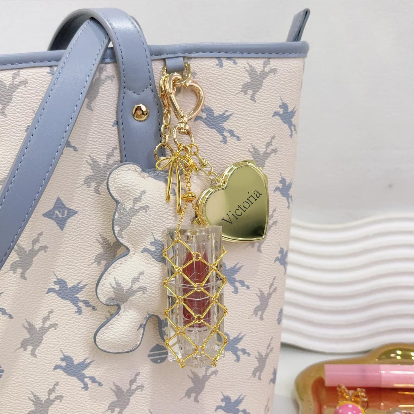 Compact Mirror Key Chain with Lipstick Holder