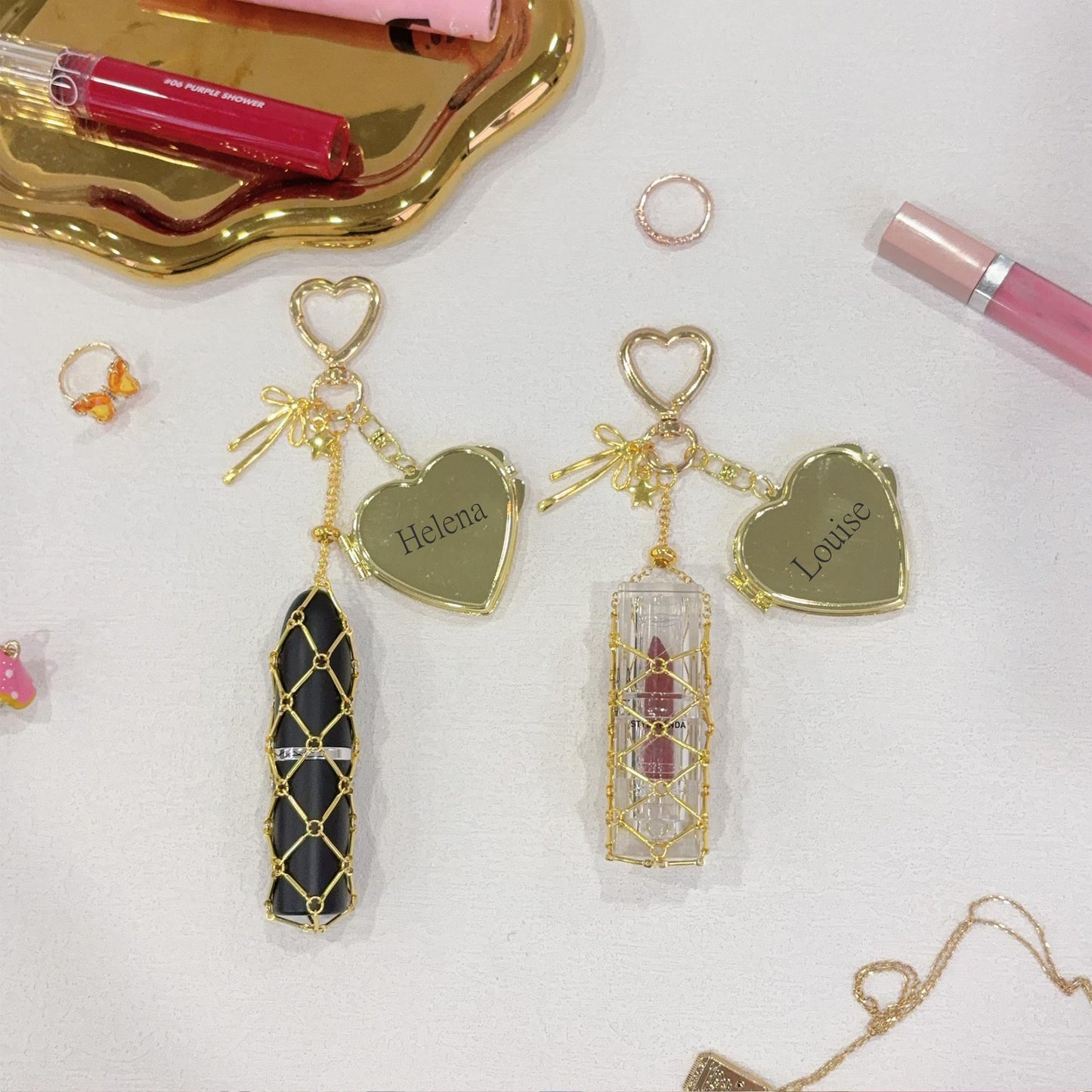 Compact Mirror Key Chain with Lipstick Holder
