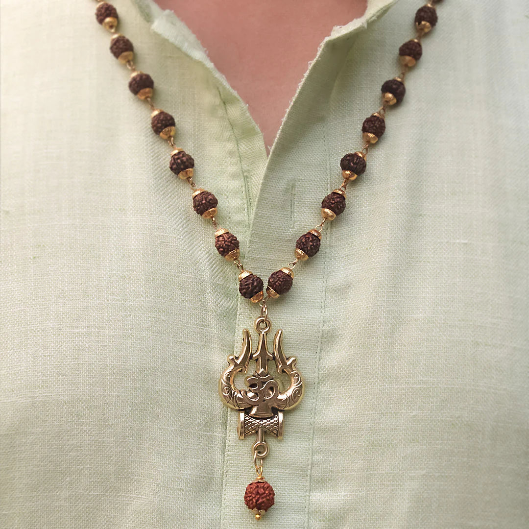 22Kt. Gold Plated OM Shiva Trishool Rudraksha Necklace 54 Beads