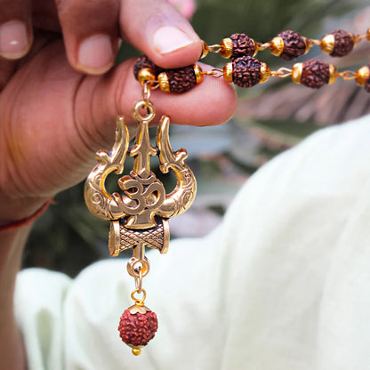 22Kt. Gold Plated OM Shiva Trishool Rudraksha Necklace 54 Beads